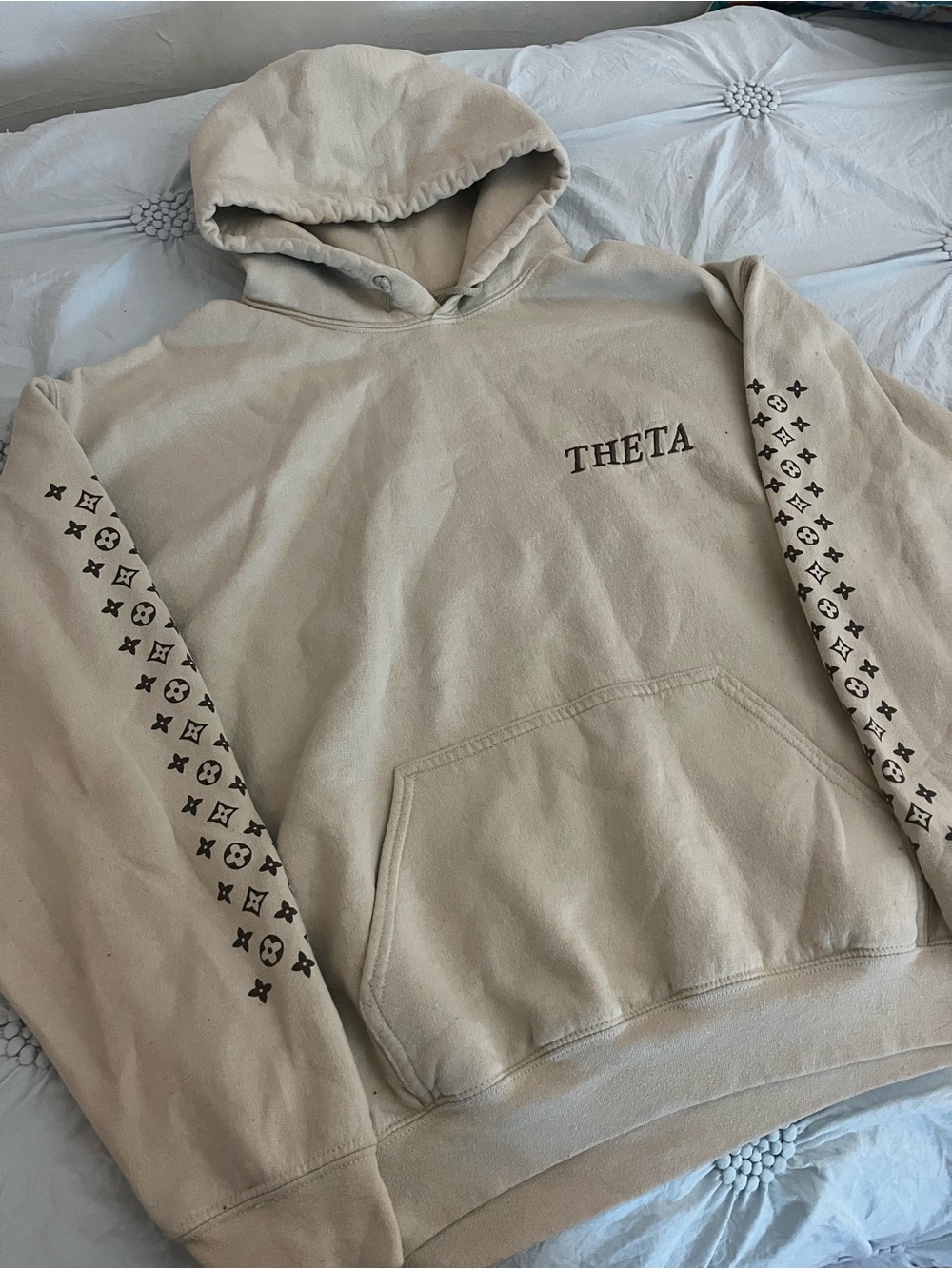 Beige/Cream Theta Hoodie with Louis Vuitton pattern